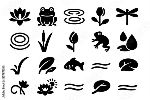 Water Lily Pond Icons. Solid style icons of Water lily frog pond: blooming lily, green frog, calm water, lily pad, dragonfly, pond