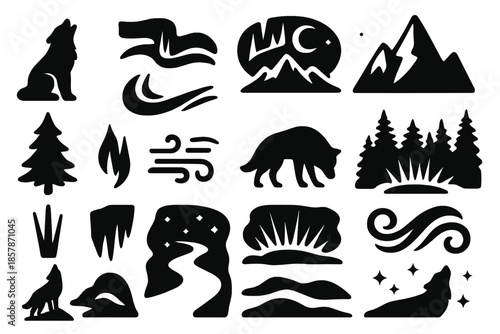 Aurora Wolf Howl. Solid style icons of Aurora wolf howl: howling wolf, northern lights, mountain ridge, glowing sky, moon halo,