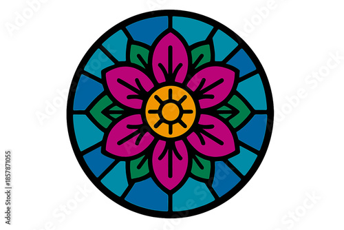 Artistic Stained Glass. Solid style icons of Artistic stained glass: color shards, lead lines, circular pane, radiant motif,