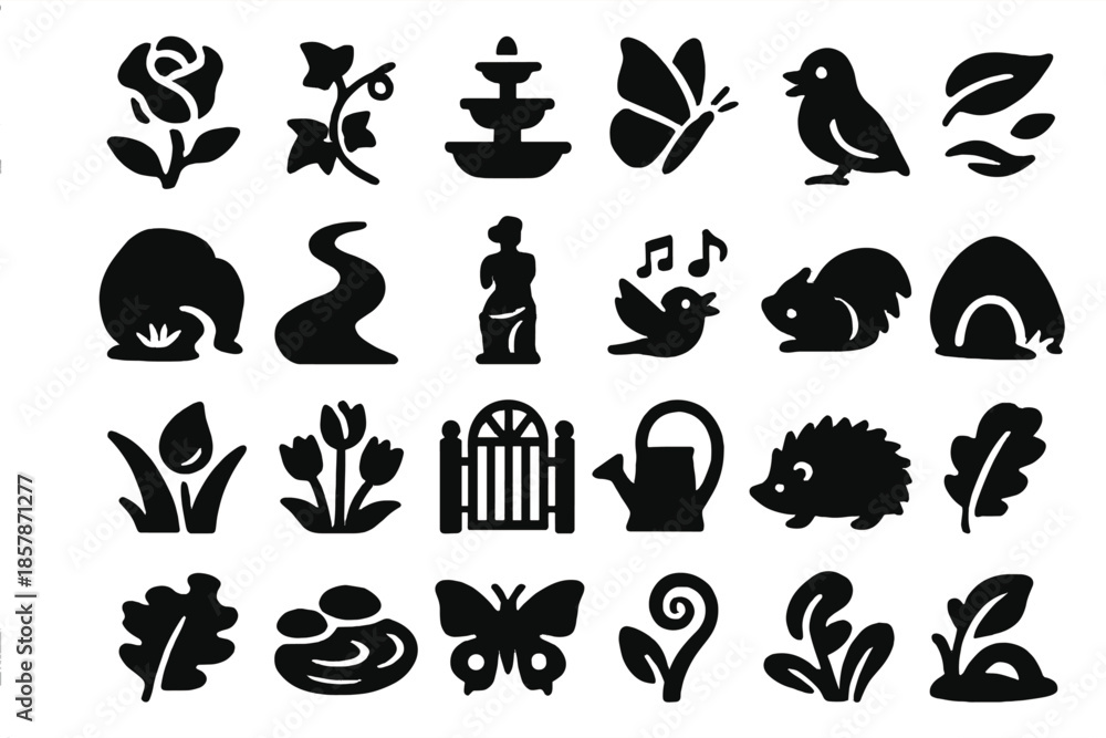 Obraz premium Enchanted Garden Icons. Solid style icons of Enchanted Garden: blooming rose, ivy vine, stone fountain, butterfly resting, lantern