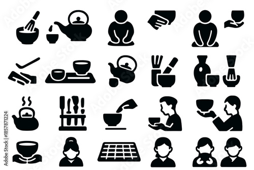Tea Ritual Icons. Solid style icons of Tea Ritual Steps: whisking tea, pouring water, wiping bowl, bowing host, folding cloth,