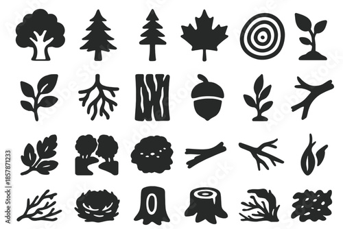 Solid Tree Icons. Solid style icons of Forest Trees: oak tree, pine tree, birch, maple leaf, trunk cross-section, canopy branch,