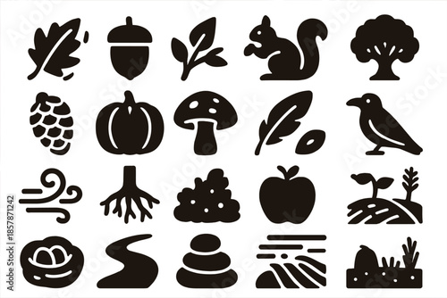 Autumn Forest Icons. Solid style icons of Autumn Forest: falling leaf, acorn, branch, squirrel, oak tree, pinecone, pumpkin,