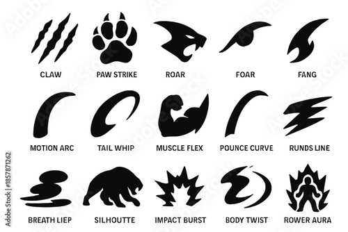 Predator Energy Icons. Solid style icons of Predator Energy: claw mark, paw strike, roar line, eye glare, fang, motion arc, tail