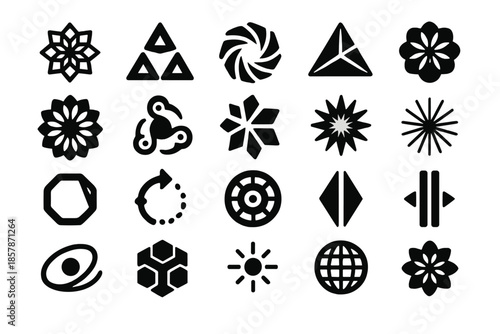 Geometric Kaleidoscope Icons. Solid style icons of Kaleidoscope Patterns: geometric shape, mirrored triangle, fractal swirl, prism