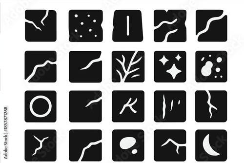 Stone Texture Icons. Solid style icons of Stone Textures: cracked rock, rough surface, engraved line, erosion mark, chipped edge,