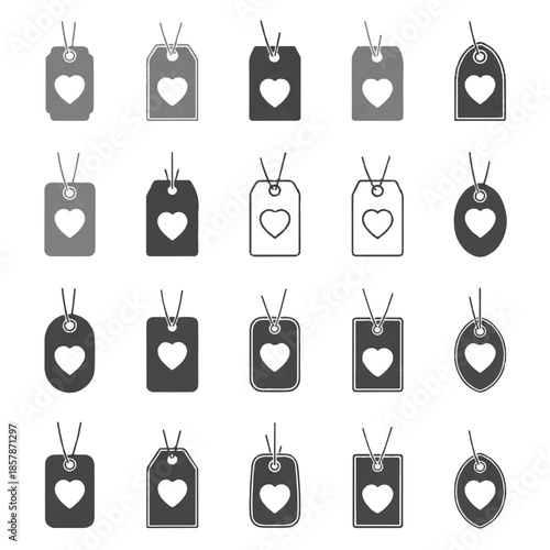 Collection of price tags with heart shapes hanging against a white backdrop, representing love, retail, and shopping for valentine's day.