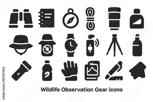 Wildlife Observation Gear Icons. Solid style icons of Wildlife Observation Gear: binoculars, notepad, compass, rope strap, camera