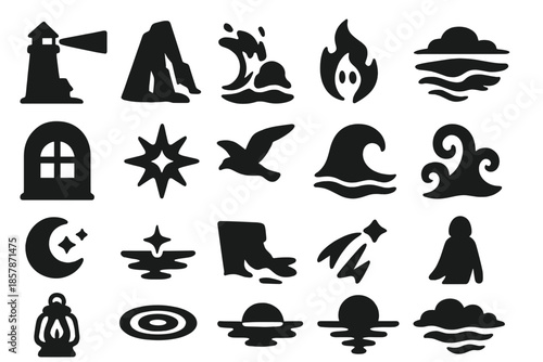 Coastal Spirits Icons. Solid style icons of Coastal Spirits: lighthouse beam, rocky cliff, crashing surf, ghost flame, ocean mist,