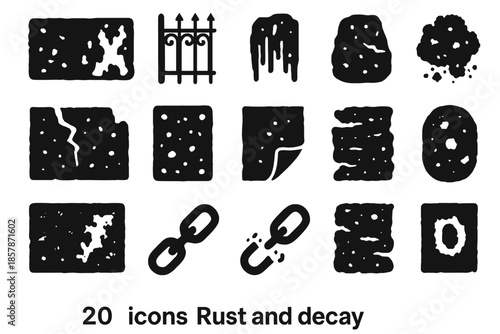 Icons of Rust and Decay. Solid style icons of Rust and Decay: corroded metal, chipped paint, iron gate, weathered stone, moss