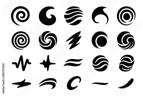 Spiral and Vortex Motifs. Solid style icons of Spiral and Vortex Motifs: rotating spiral, curved swirl, floating layer, motion