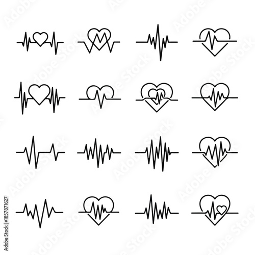 Heartbeat line collection showing different heart rhythms and heart shapes on white backdrop, representing health and medical concepts.