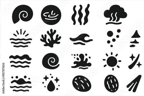 Nautilus Ocean Elements. Solid style icons of Nautilus and Ocean Elements: spiral shell, water ripple, floating algae, sea mist,