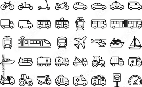 Transportation vehicle icon set, featuring vector glyph pictograms of travel, transit, public transport, car, bus, train, bicycle, boat, airplane silhouette illustration, logistics, commute, cargo 