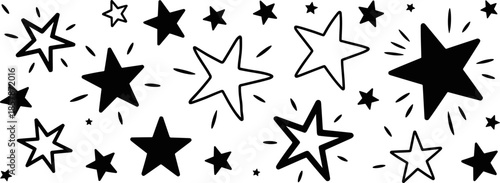 Large set of hand drawn black and white star silhouettes and doodles isolated on white background for decorative festive design elements. (22 words)