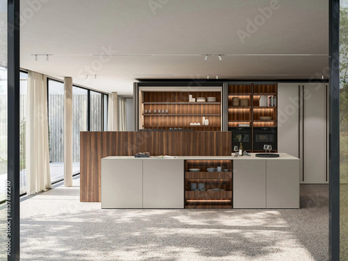 Modern luxury kitchen interior in minimal scandinavian style, 3d render