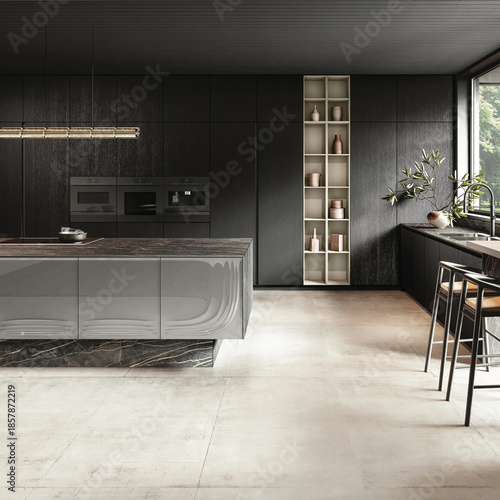 Modern luxury kitchen interior in minimal scandinavian style, 3d render