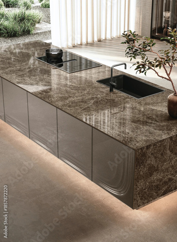 Modern luxury kitchen interior in minimal scandinavian style, 3d render