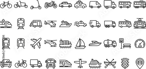 Transportation vehicle icon set, featuring vector glyph pictograms of travel, transit, public transport, car, bus, train, bicycle, boat, airplane silhouette illustration, logistics, commute, cargo 