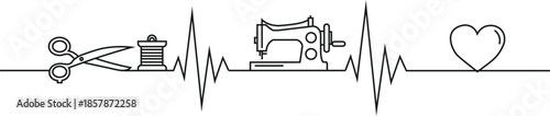 A sewing heartbeat line art design featuring scissors, thread, and a sewing machine
