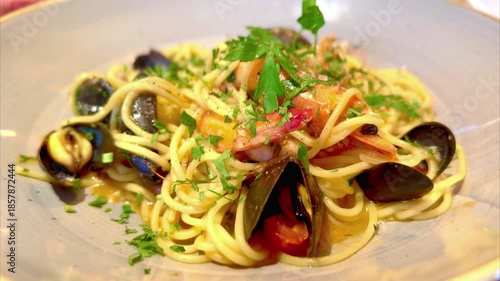close up of spaghetti dish with seafood platter of cod prawns mussels and onion