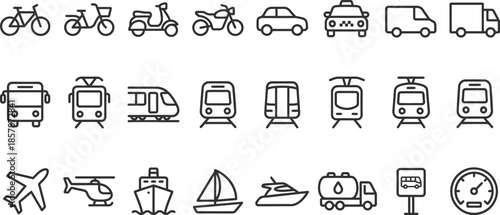 Transportation vehicle icon set, featuring vector glyph pictograms of travel, transit, public transport, car, bus, train, bicycle, boat, airplane silhouette illustration, logistics, commute, cargo 