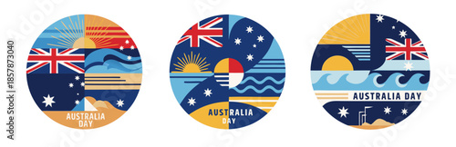 Australia Day sticker pack with abstract Australian symbols in vibrant colors, modern flat vector style, transparent background