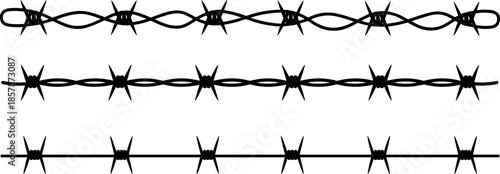 Set of three black barbed wire silhouette borders with various sharp spike patterns isolated on white background for security concepts. (21 words)