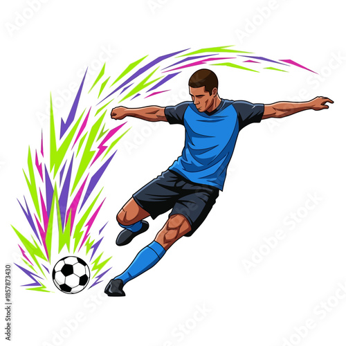 Dynamic soccer player kicking ball with motion lines