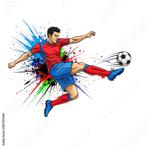 Dynamic soccer player kicking ball with colorful splashes