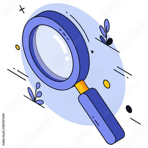 Colorful blue magnifying glass illustration with abstract design elements