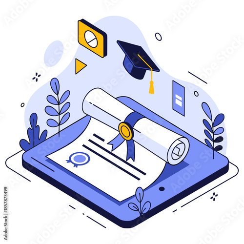 Digital graduation diploma with cap on tablet: education technology concept art
