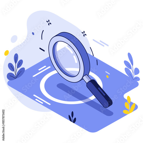 Abstract magnifying glass on blue surface with leaves and circles