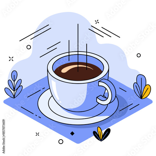 Hot coffee cup with saucer and abstract blue background