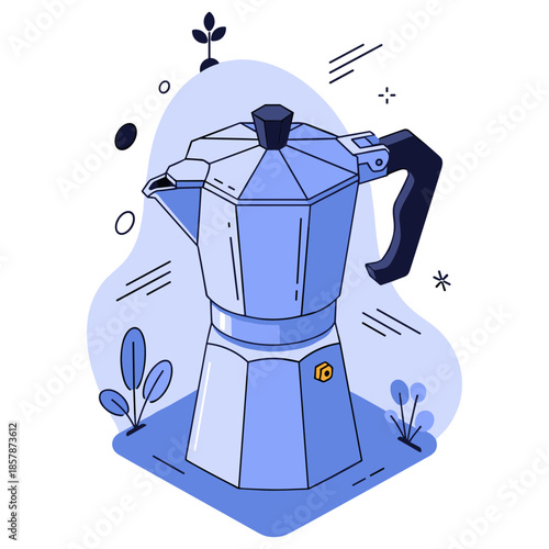 Stylized illustration of a blue moka pot with abstract elements