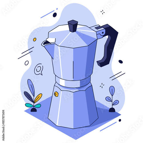 Colorful illustration of a moka pot coffee maker with decorative elements