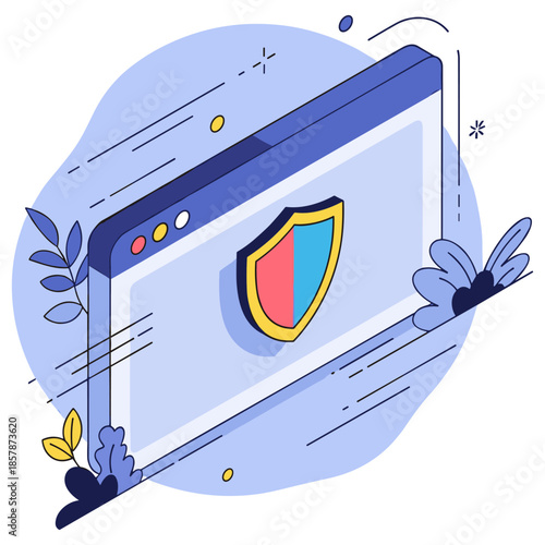 Cybersecurity concept: digital shield on web interface with minimalist design