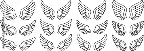 Set of twelve pairs of hand drawn black and white wing silhouettes isolated on a white background for angel and bird design. (22 words)