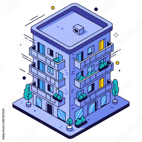 Isometric blue apartment building with balconies and trees