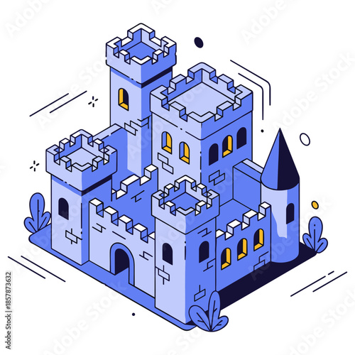 Medieval castle drawing with towers and battlements in blue tones