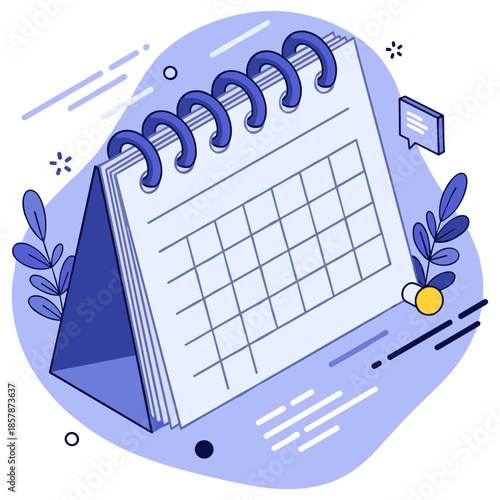 Spiral-bound desk calendar with abstract floral decorations and geometric shapes