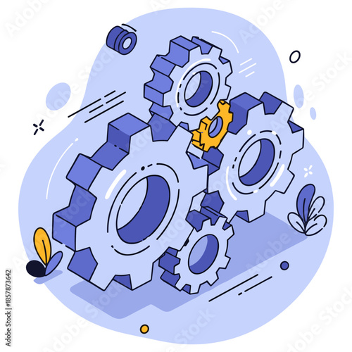 Illustrated blue and yellow interlocking gears with abstract floral elements