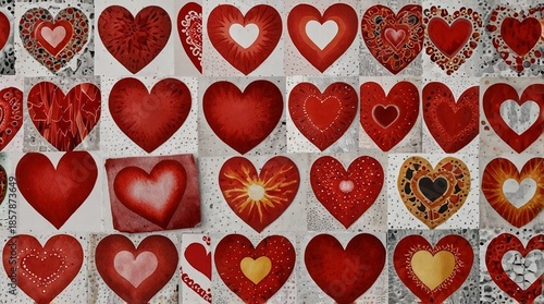 Collage of various heart illustrations in red tones on a textured background