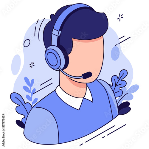 Male customer service representative with headset in blue illustration