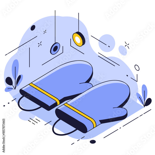 Artistic illustration of blue oven mitts with abstract design elements