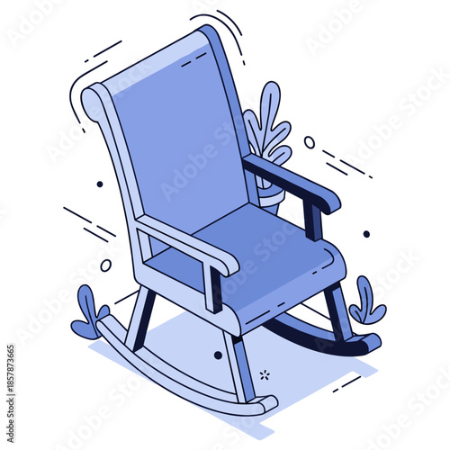 Blue modern rocking chair with decorative plants in minimalist design