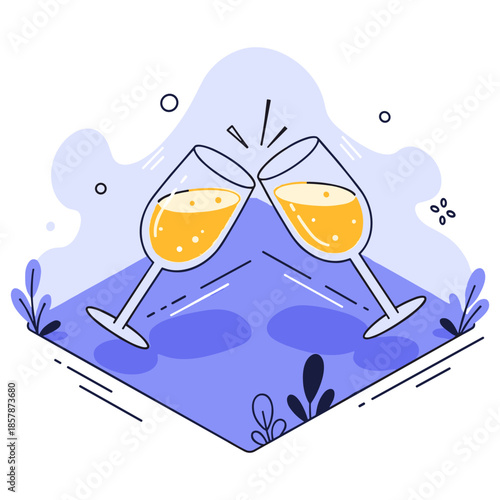 Two clinking glasses with sparkling beverage in abstract blue setting