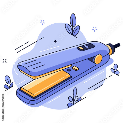 Cartoon illustration of a blue and yellow hair straightener in a decorative setting