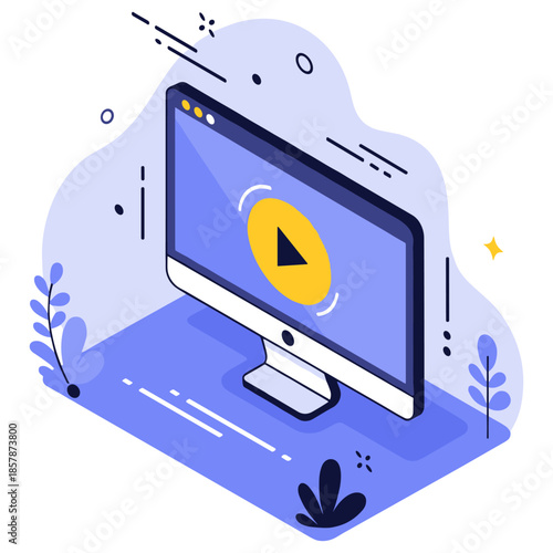 Isometric computer with play icon - digital streaming technology concept