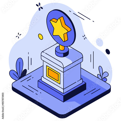 Cartoon trophy with star on blue base